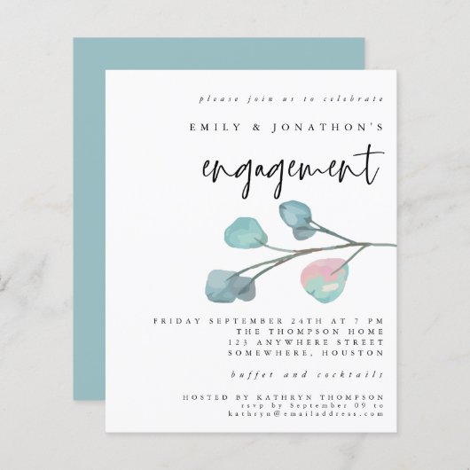 Budget Pastel Eucalyptus Verloving Uitnodiging (Voorkant / Achterkant)