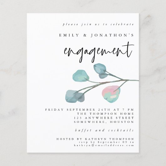 Budget Pastel Eucalyptus Verloving Uitnodiging (Voorkant)