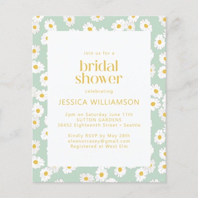 Budget Pastel Sage Green Daisies Vrijgezellenfeest (Voorkant)