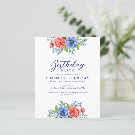 Budget Patriottic Floral Red White Blue Birthday (Staand voorkant)