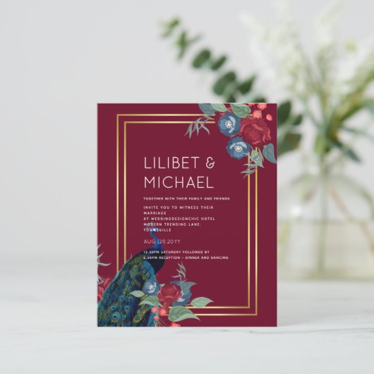 BUDGET  Pauwblauw Bourgondië Winter Bruiloft Herfs (Staand voorkant)