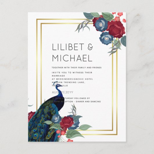 BUDGET  Pauwblauw Bourgondië Winter Bruiloft Herfs Briefkaart (Voorkant)