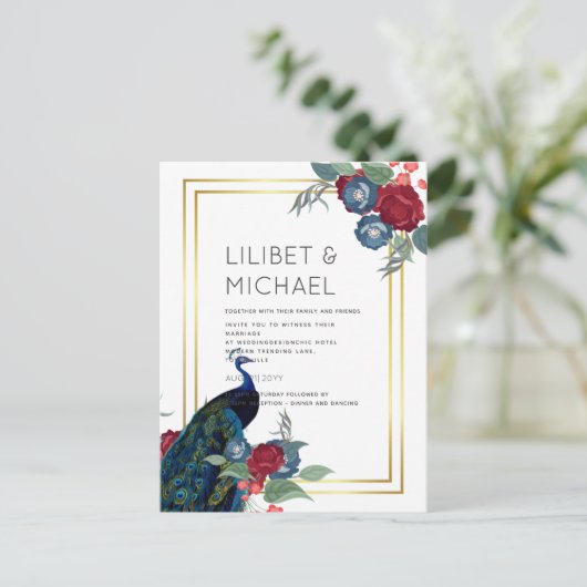 BUDGET  Pauwblauw Bourgondië Winter Bruiloft Herfs Briefkaart (Staand voorkant)