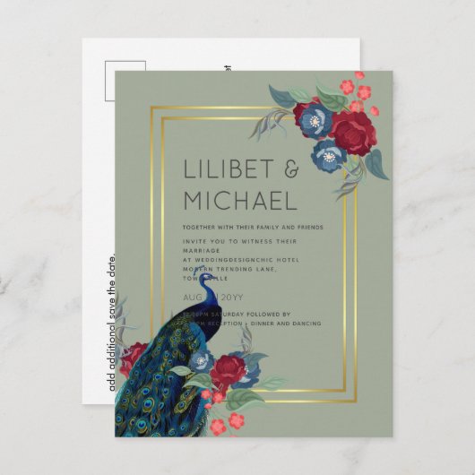 BUDGET  Pauwblauw Bourgondië Winter Herfst Bruilof Briefkaart (Voorkant / Achterkant)