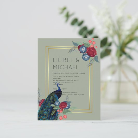 BUDGET  Pauwblauw Bourgondië Winter Herfst Bruilof Briefkaart (Staand voorkant)