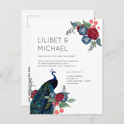 BUDGET  Pauwblauw Bourgondië Winter Herfst Bruilof Briefkaart (Voorkant / Achterkant)