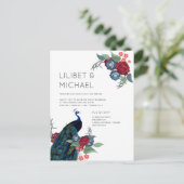 BUDGET  Pauwblauw Bourgondië Winter Herfst Bruilof Briefkaart (Staand voorkant)