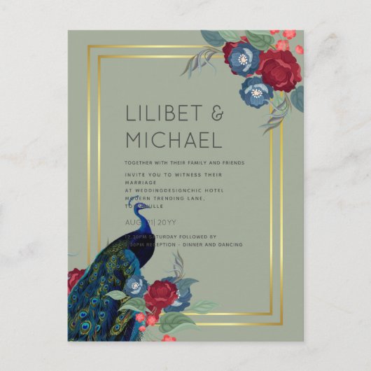 BUDGET Pauwblauw Bourgondië Winter Herfst Bruilof Briefkaart (Voorkant)