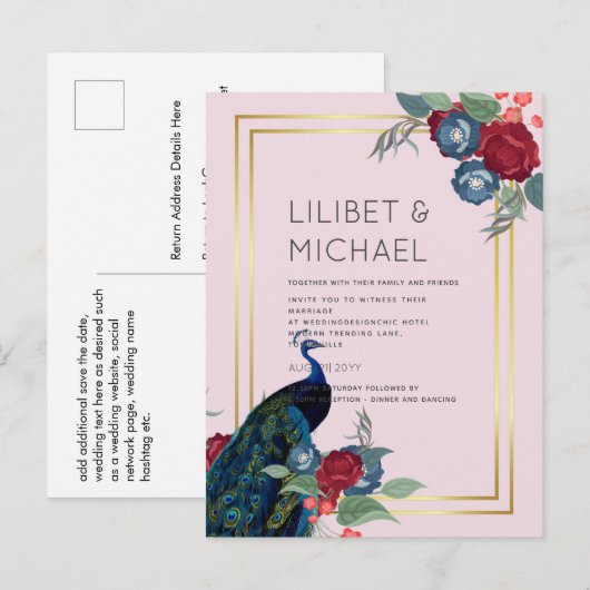 BUDGET  Pauwblauw Bourgondië Winter Herfst Bruilof Briefkaart (Voorkant / Achterkant)