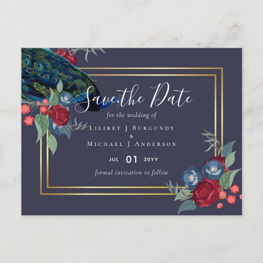 BUDGET  Pauwblauw Bourgondië Winter Herfst Bruilof Briefkaart (Voorkant)