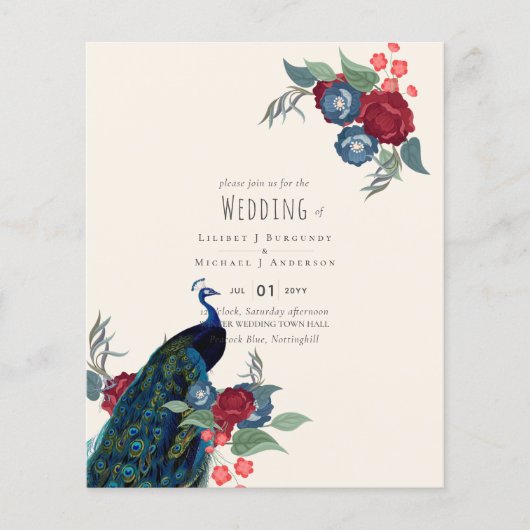 BUDGET  Pauwblauw Bourgondië Winter Herfst Bruilof Flyer (Voorkant)