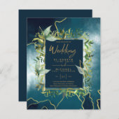 BUDGET  Pauwblauw Gouden Groene Huwelijksuitnodigi (Voorkant / Achterkant)