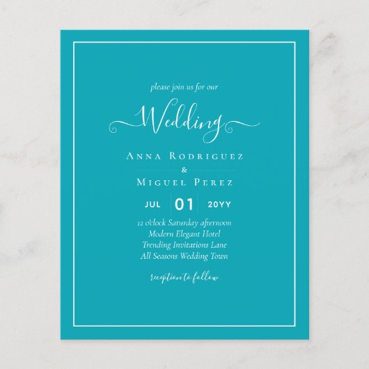 BUDGET Pauwblauw Turkoois Monochroom Trouwfeest Flyer (Voorkant)