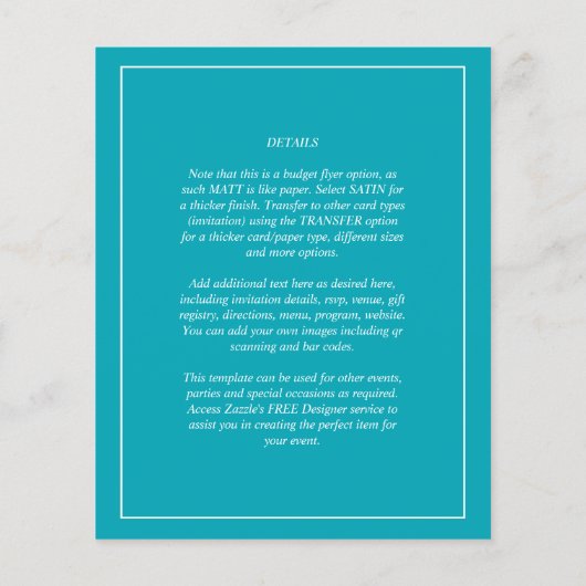 BUDGET Pauwblauw Turquoise Monochroom Trouwen Flyer (Achterkant)