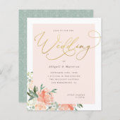 Budget Peach Blush & Gold Script Floral Weduwen (Voorkant / Achterkant)