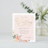 Budget Peach Blush & Gold Script Floral Weduwen (Staand voorkant)