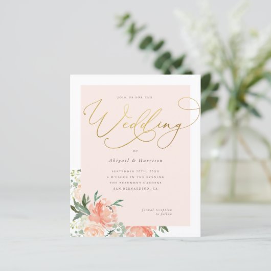 Budget Peach Blush & Gold Script Floral Weduwen (Staand voorkant)