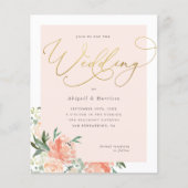 Budget Peach Blush & Gold Script Floral Weduwen (Voorkant)