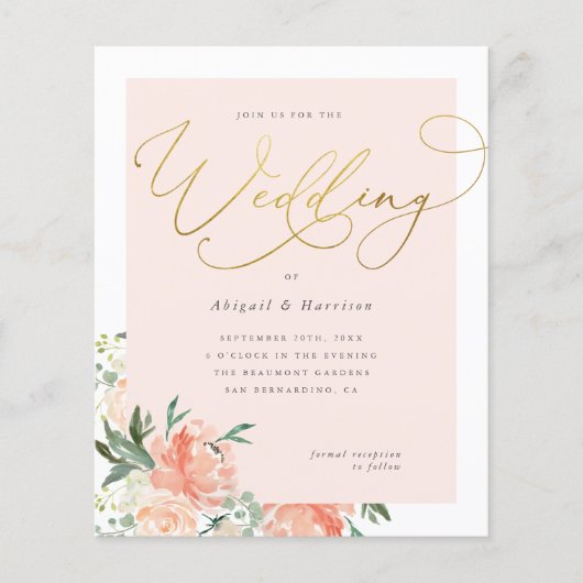Budget Peach Blush & Gold Script Floral Weduwen (Voorkant)