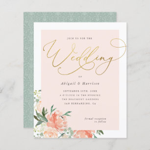 Budget Peach Blush & Gold Script Floral Weduwen
