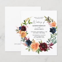 Budget Peach, Burgundy & Navy Herfst Floral Weddin