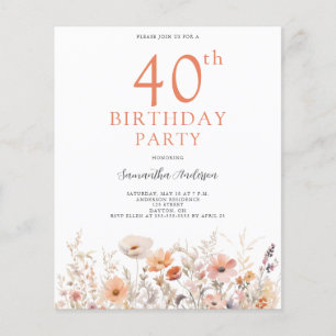 Budget Peach Floral 40e Verjaardag Uitnodiging Flyer