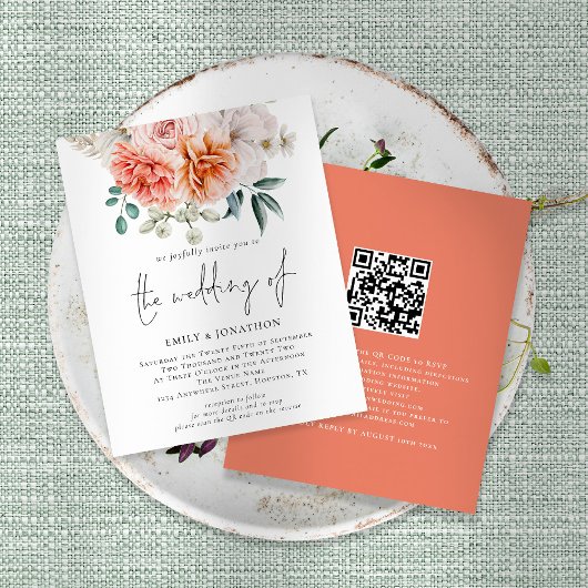 Budget Peach Peonies Floral QR Code Weduwen Uitnod