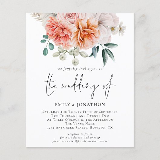 Budget Peach Peonies Floral QR Code Weduwen Uitnod (Voorkant)