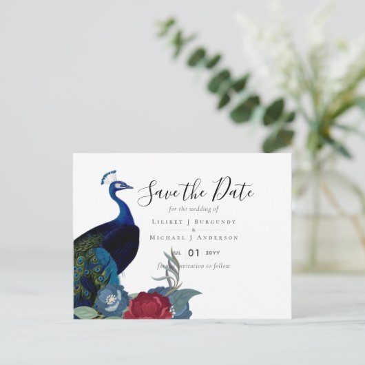 BUDGET Peacock Blue Burgundy Winter Fall Wedding Briefkaart (Staand voorkant)