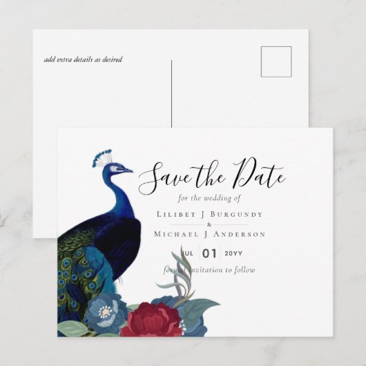 BUDGET Peacock Blue Burgundy Winter Fall Wedding Briefkaart (Voorkant / Achterkant)