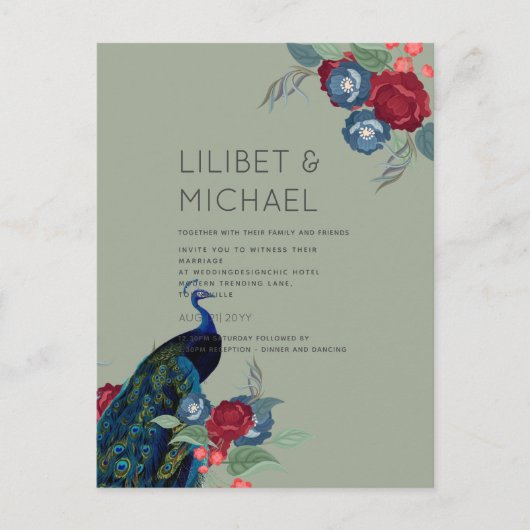 BUDGET Peacock Blue Burgundy Winter Fall Wedding Briefkaart (Voorkant)