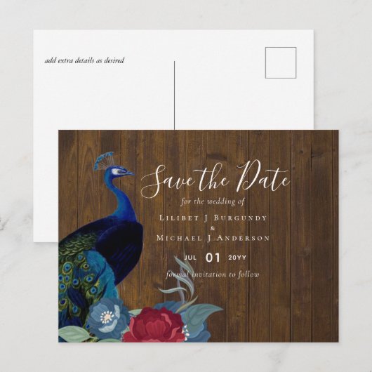 BUDGET Peacock Blue Burgundy Winter Fall Wedding Briefkaart (Voorkant / Achterkant)