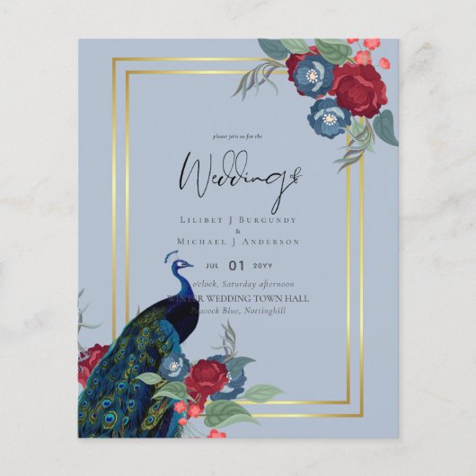BUDGET Peacock Blue Burgundy Winter Fall Wedding Flyer (Voorkant)