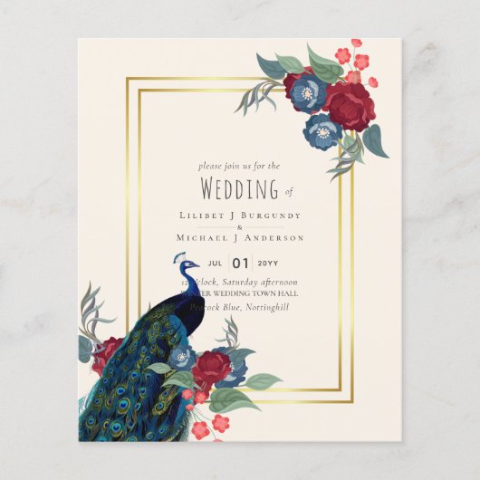 BUDGET Peacock Blue Burgundy Winter Fall Wedding Flyer (Voorkant)