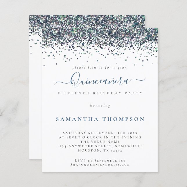 Budget Peacock Blue Glitter Quinceañera Uitnodigin (Voorkant / Achterkant)