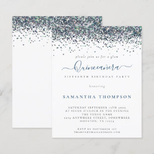 Budget Peacock Blue Glitter Quinceañera Uitnodigin