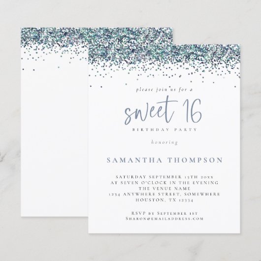 Budget Peacock Blue Glitter Sweet 16 Uitnodiging (Voorkant / Achterkant)