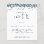 Budget Peacock Blue Glitter Sweet 16 Uitnodiging (Voorkant)