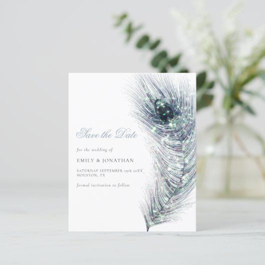 Budget Peacock Fether Wedding Save the Date (Staand voorkant)