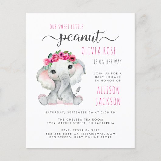 Budget Peanut Elephant Waterverf Baby Girl Shower (Voorkant)