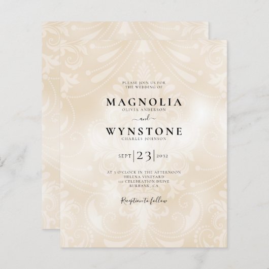 Budget Pearl Damask Wedding Uitnodiging (Voorkant / Achterkant)