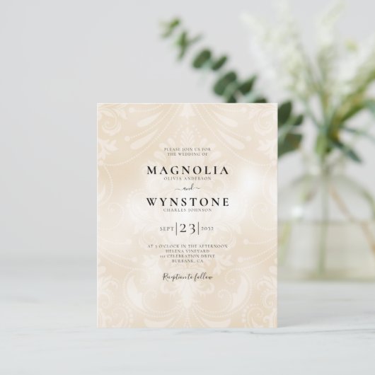 Budget Pearl Damask Wedding Uitnodiging (Staand voorkant)