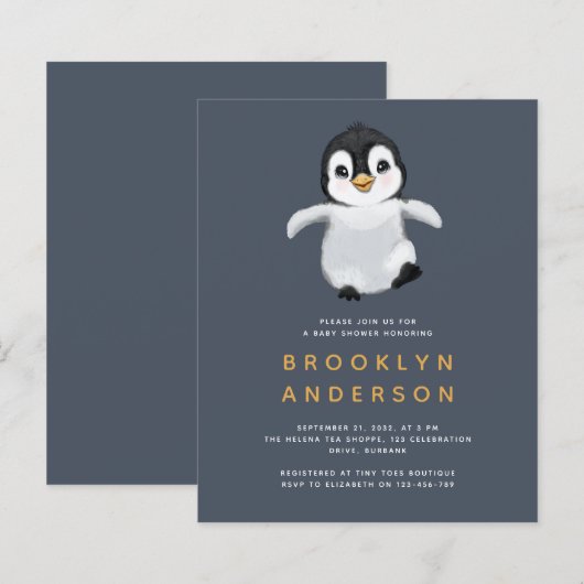 BUDGET Penguin Baby shower Uitnodiging (Voorkant / Achterkant)