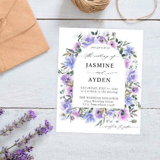 Budget Peri en Paarse Floral Arch Wedding Flyer