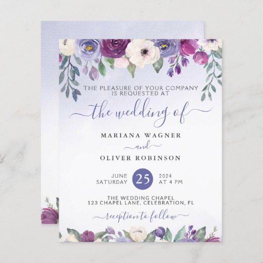 Budget Periwinkle Fuchsia Floral Wedding Invite (Voorkant / Achterkant)