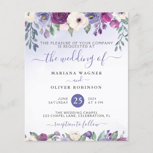 Budget Periwinkle Fuchsia Floral Wedding Invite Flyer (Voorkant)