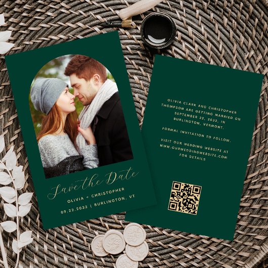 Budget Photo Arch Emerald Gold QR Save the Date