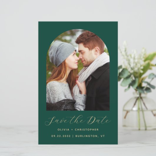 Budget Photo Arch Emerald Gold QR Save the Date (Staand voorkant)