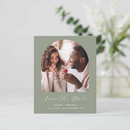 Budget Photo Arch Script Sage Green Save the Date (Staand voorkant)