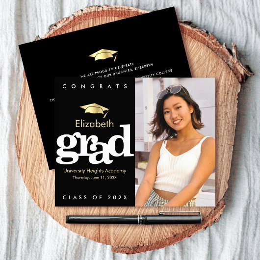 Budget Photo Black Gold Pet Afstuderen Uitnodiging